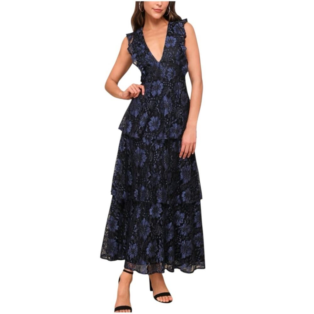 Lulu's Molinetto Black and Blue Floral Lace Tiered Sleeveless Maxi Dress XS - Picture 1 of 9